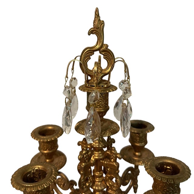 Baroque Pair of Vintage Italian Baroque Brass Brevattato 6 Light Candelabra W/Crystals & Snuffers For Sale - Image 3 of 6