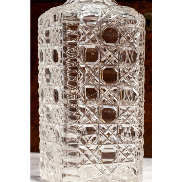 Stunning 19th Century Antique Victorian English Burl Wood 3-Decanter Box With Bramah Lock & Cut Crystal Decanter Luxury Home Decor Barware For Sale - Image 9 of 18