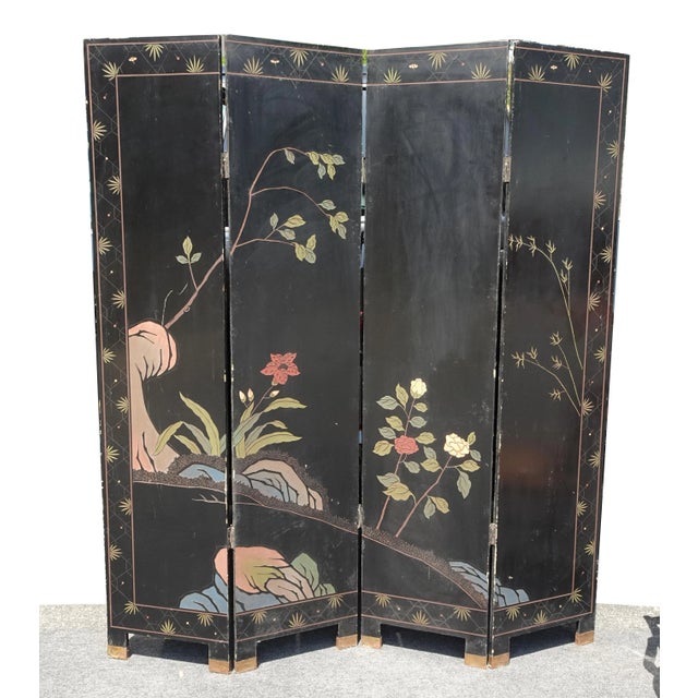 Vintage Oriental Asian Gold Coromandel Four Panel Screen Room Divider W Geishas For Sale - Image 12 of 12
