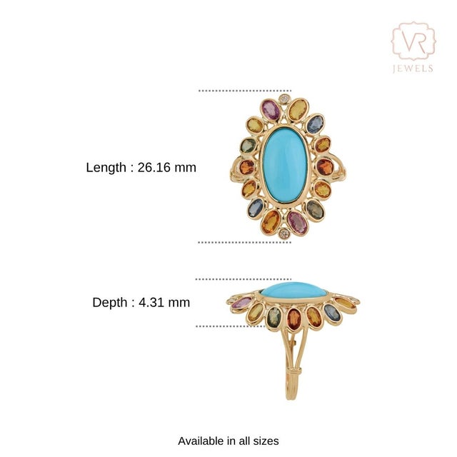 14k Yellow Gold 6.68ct Oval Turquoise Cocktail Ring Size 9 With Sapphire & Diamond For Sale - Image 11 of 16