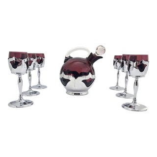 1930s Art Deco Farber Bros Amethyst Glass Decanter and Cordial Set 7.5" - Set of 7 For Sale