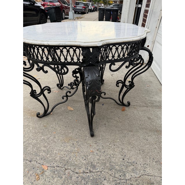 Grand Vintage Wrought Iron and White Marble Top Center Table With Ornate Scrollwork, French Baroque Revival Style For Sale - Image 4 of 12
