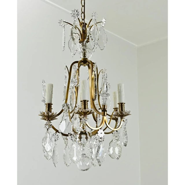 French Vintage Petite Brass & Crystal Chandelier For Sale - Image 4 of 12