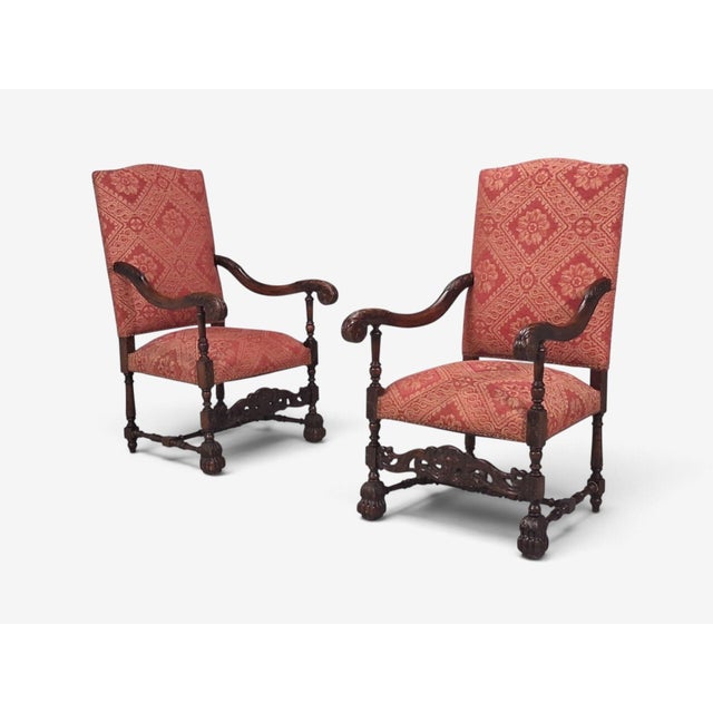 Baroque Style, Large Armchairs, Carved Wood, Red Damask, England, 1920s For Sale - Image 4 of 16
