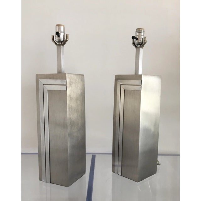 Metal 1970s Vintage Brushed Steel Pierre Cardin Lamps - a Pair For Sale - Image 7 of 12