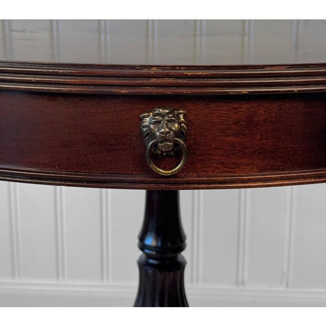 1940s Vintage Traditional Mahogany Round Drum Table W/ Lions Head Pulls For Sale - Image 5 of 13