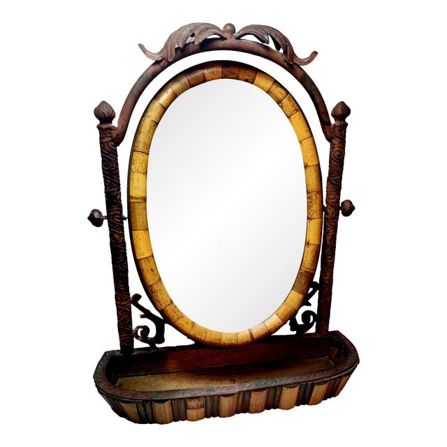 19th C. Victorian Cast Iron & Hand-Cut Bamboo Tabletop Swing Vanity Mirror For Sale