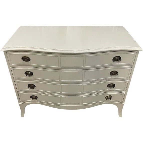 48" finished Widdicomb vintage dresser in the prettiest cream, with a curved front and brass hardware that feels so timeless.