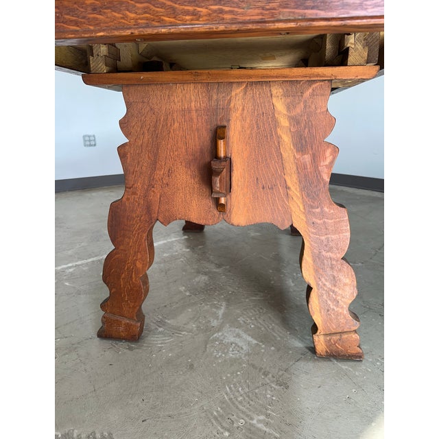 Guillerme et Chambron Early 20th Century German Brutalist Tyrolean Swiss Alpine Style Tiger Oak Trestle Dining Table For Sale - Image 4 of 12