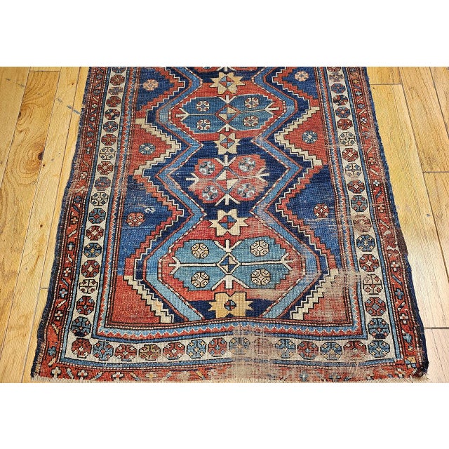 Vintage Kurdish Tribal Rug, Hand-Knotted Wool, Geometric Pattern, Blue & Rust-Red, 4x8 For Sale - Image 9 of 14