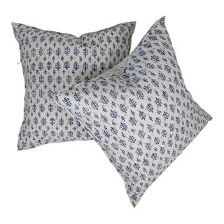 Contemporary Block Printed Hand-Embroidered Kantha Pillow Covers- a Pair For Sale