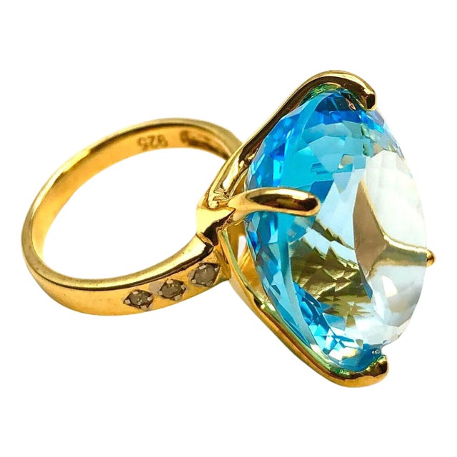 Bochic “Capri” Vintage Oval Shape Blue Topaz Diamond Set In 18K Gold & Silver For Sale