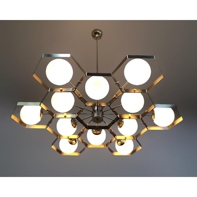 Fabio Ltd 21st Century Honeycomb Natural Brass Glossy White Murano Chandelier by Fabio LTD For Sale - Image 4 of 6