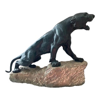 Antique 1920’s “Roaring Panther” Patinated Bronze on a Carved Marble Base by Thomas Francois Cartier For Sale