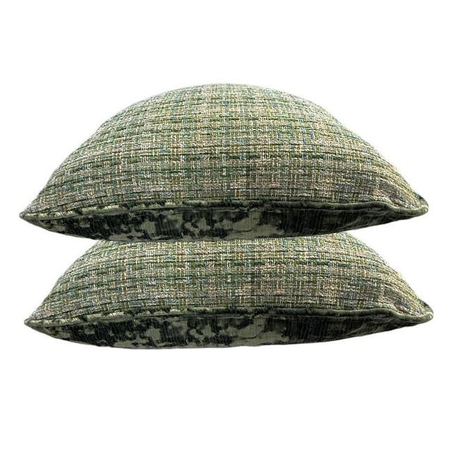 Set of 2 Textured Green Tweed Pillows With Crushed Velvet Back – 22" For Sale In West Palm - Image 6 of 7