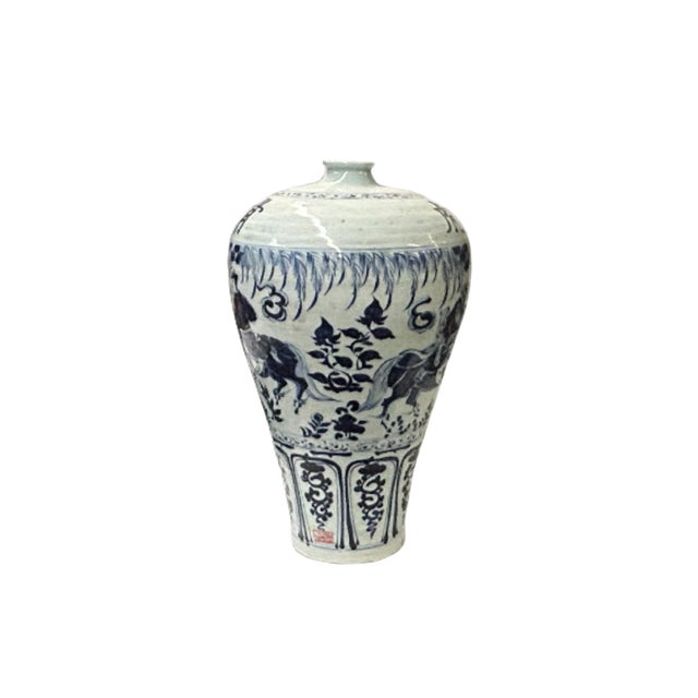 Chinese Vintage Chinese Blue White People Riding Horse Porcelain Art Vase For Sale - Image 3 of 8