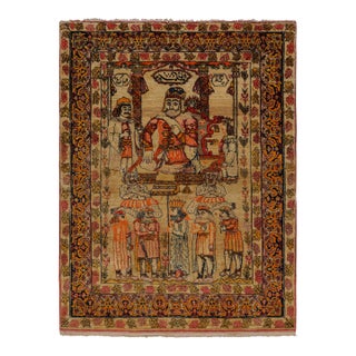 Antique Persian Malayer Rug in Beige With Pictorials and Florals - Rug & Kilim For Sale