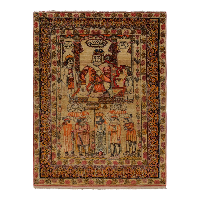 Antique Persian Malayer Rug in Beige With Pictorials and Florals - Rug & Kilim For Sale
