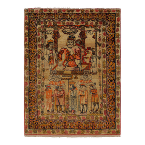 Antique Persian Malayer Rug in Beige With Pictorials and Florals - Rug & Kilim
