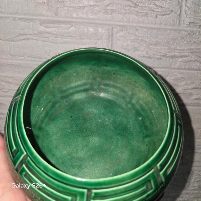 Vintage Art Deco Green Monochrome Glazed Porcelain Greek Key Bowl For Sale - Image 4 of 12