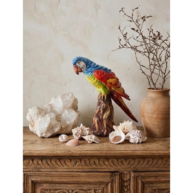 Vintage Italian Majolica Glazed Ceramic Parrot / Macaw Figurine on Tree Stump Base For Sale - Image 9 of 12