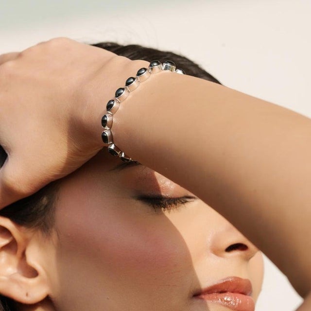 Not Yet Made - Made To Order Natural Black Star Smooth Cabochon Gemstone Tennis Bracelet in 925 Silver For Sale - Image 5 of 13