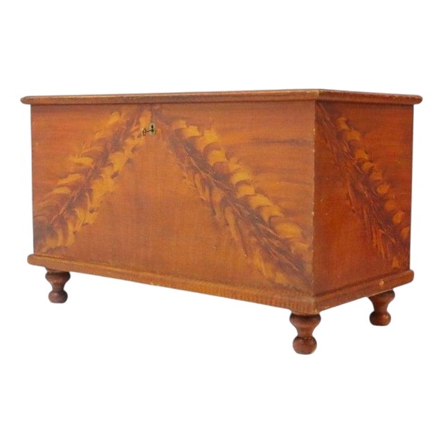 Primitive Grain Painted Soft Wood Blanket Chest With Turnip Feet 19th Century For Sale