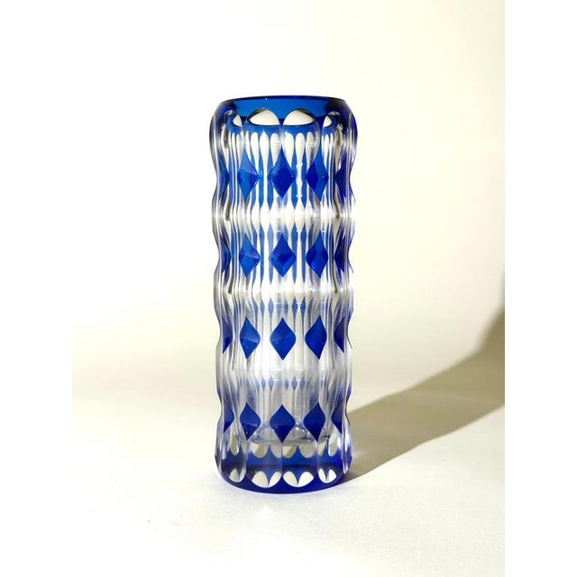Art Deco Blue Overlay Cut Crystal Vase by Carl Meltzer for Haida, 1915 For Sale - Image 4 of 18