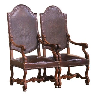 Pair of 19th Century French Louis XIII Walnut Armchairs With Embossed Leather For Sale