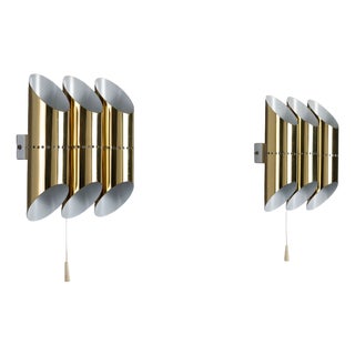 Triple Cylindrical Wall Lamps in Brass with Perforated Shades, 1970s, Set of 2 For Sale