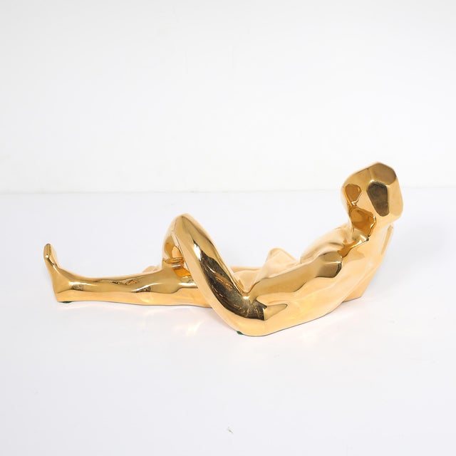 Mid-Century Modern Mid-Century Gold-Plated Ceramic Sculpture of a Reclining Man Signed Jaru For Sale - Image 3 of 14