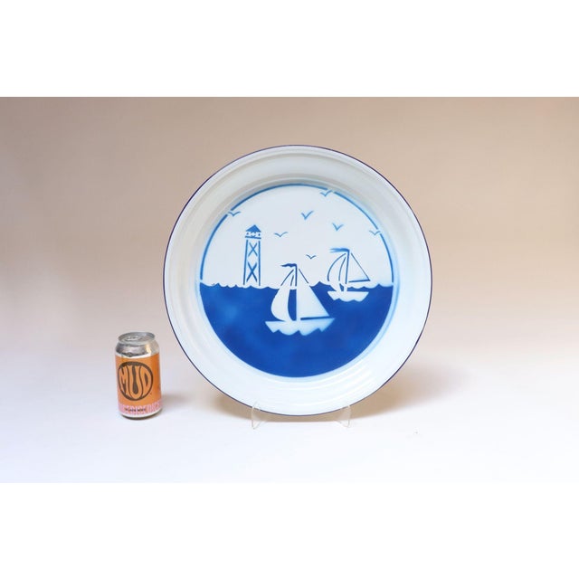 1980s Large Vintage Blue and White Enamelware Platter / Tray With Sailboat and Lighthouse Motif For Sale - Image 5 of 11