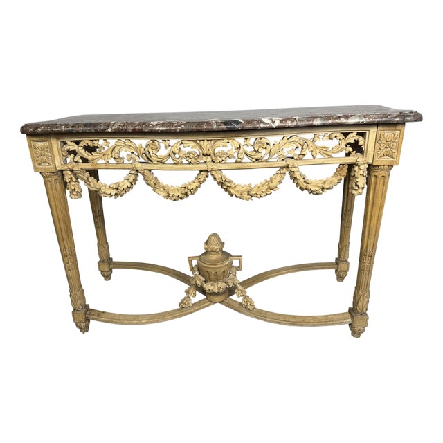 Antique Louis XVI Console Table, Carved Pine & Marble Top, 1870 For Sale