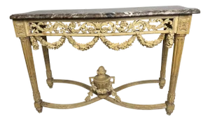 Antique Louis XVI Console Table, Carved Pine & Marble Top, 1870