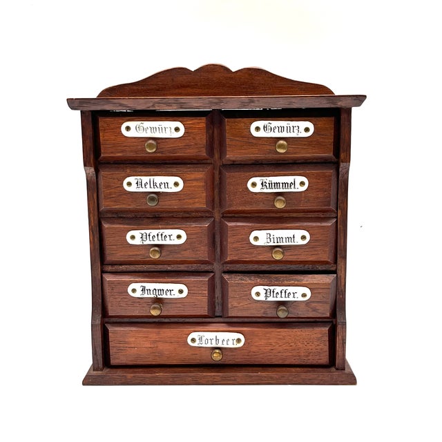 Antique Miniature Wooden Spice Cabinet with Porcelain Labels and 9 Drawers, 1960s For Sale - Image 4 of 14