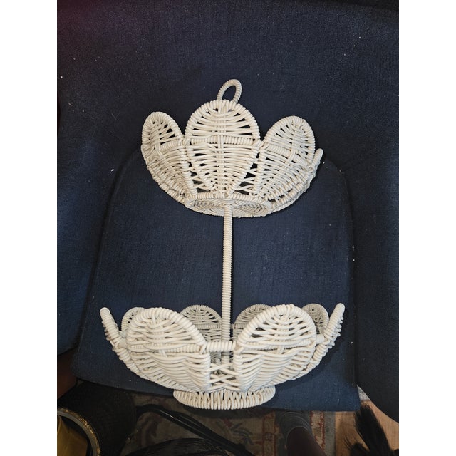 Vintage Palm Beach Coated Two-Tiered Woven Rattan Serving Stand