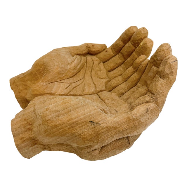Vintage Primitive Hand Carved Wooden Cupped Hands Sculpture Folk Art Bowl Decor For Sale