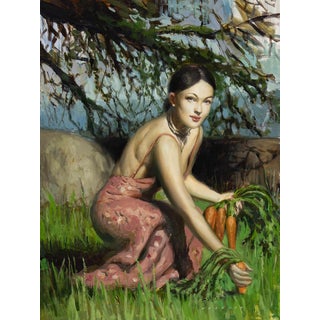 Truth by Nadezda | Oil on Panel Woman in a pink dress holding carrots in a grassy field. For Sale