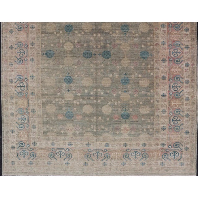 Large Modern Tribal Khotan Rug in Shades of Cream, Green, Blue, and Coral. Keivan Woven Arts Country of origin;...