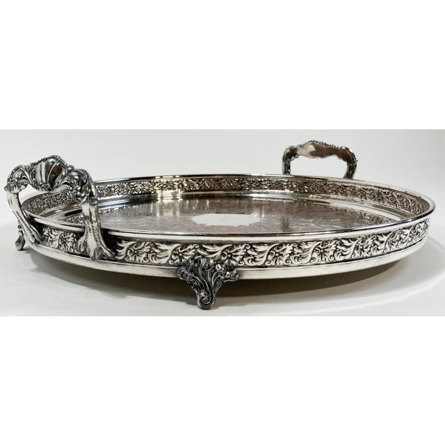 Mid 20th Century Vintage Footed Round Engraved Silver Plate Tray For Sale - Image 5 of 11
