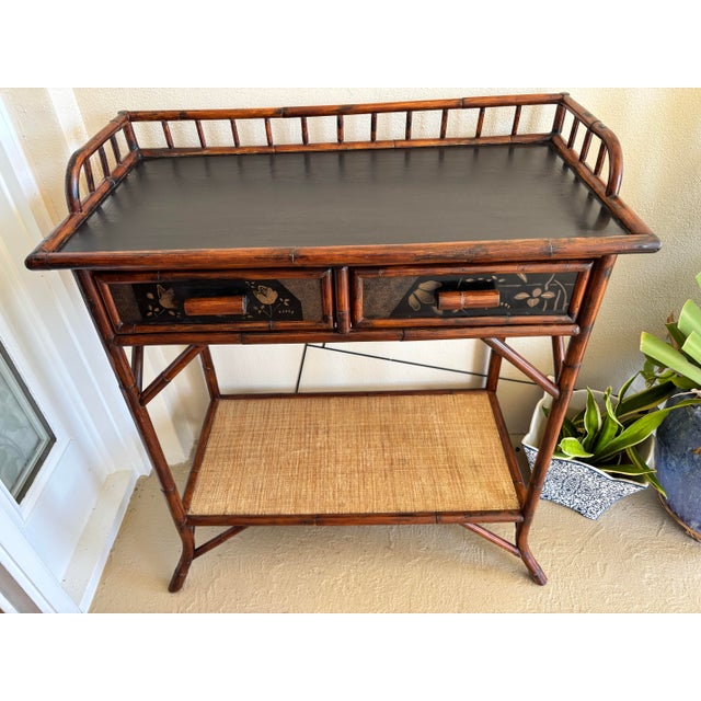 Hollywood Regency Late 20th Century Palecek Attributed Entry Table/ Dry Bar in a Stunning Tortoise Shell Burnt Rattan Finish. For Sale - Image 3 of 8