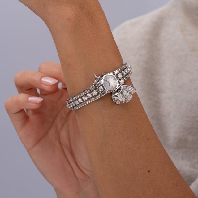 Silver Vintage 1950's Jaeger Le Coultre 19 Carats Diamond Hidden Watch Luxury Bracelet For Sale - Image 8 of 11