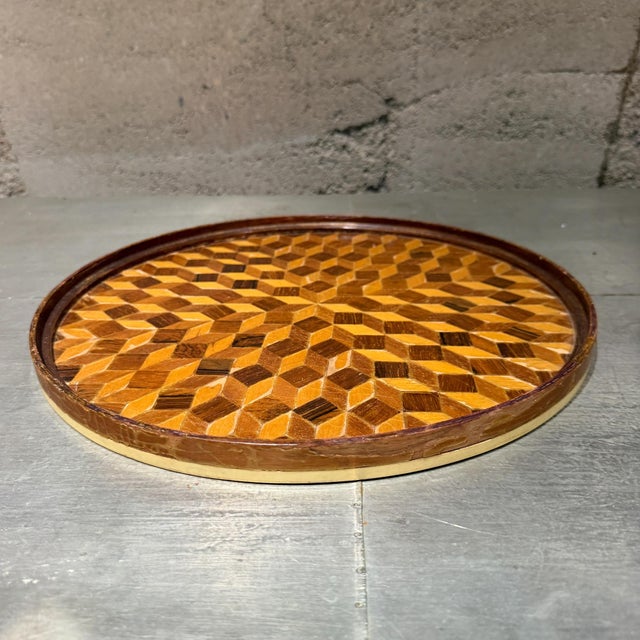 Italian Antique Round Service Tray or Tabletop Geometric Parquetry Wood For Sale - Image 3 of 10