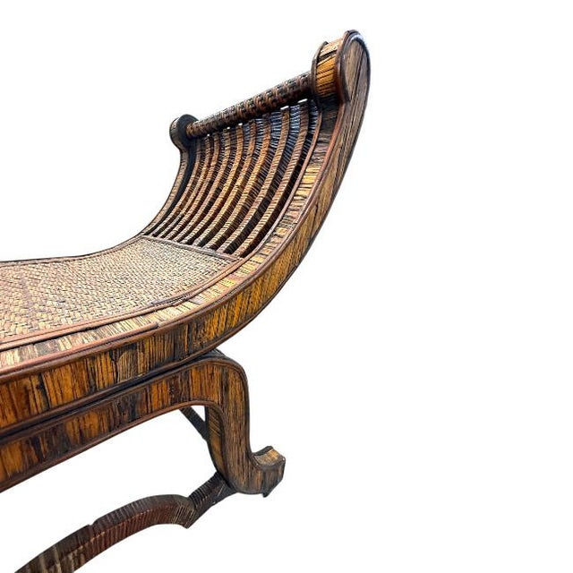 Wood Vintage Egyptian-Style Rattan & Grasscloth Bench For Sale - Image 7 of 10