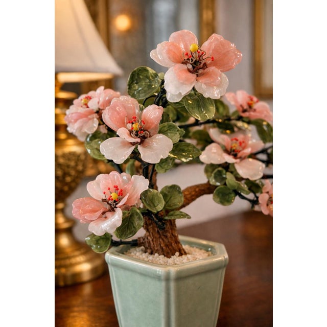 Chinese Late 20th Century Chinese Hardstone-Style Blossom Bonsai Tree in Celadon Planter – 15” H For Sale - Image 3 of 6