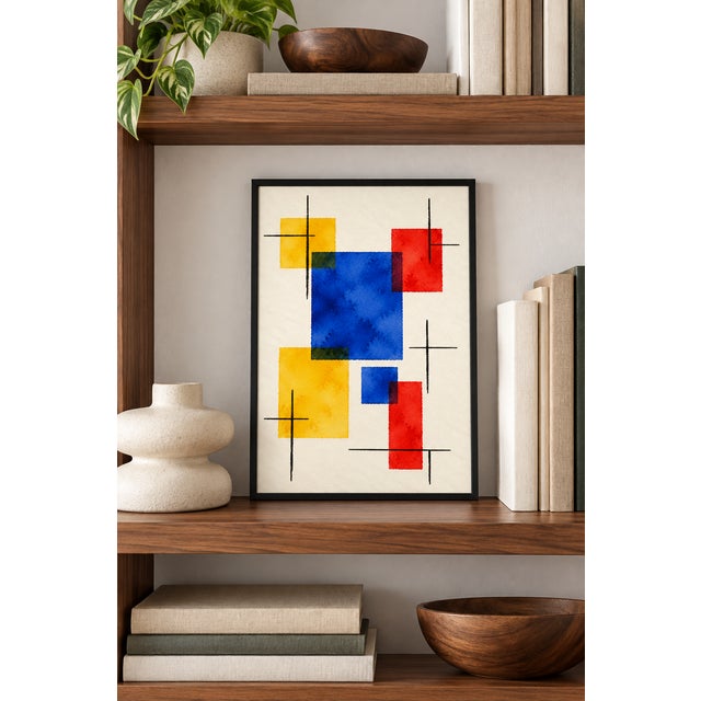 Mid-Century Modern Midcentury Modern Abstract Art Print – Blue, Red and Yellow Geometric Design, 8" X 12" For Sale - Image 3 of 8