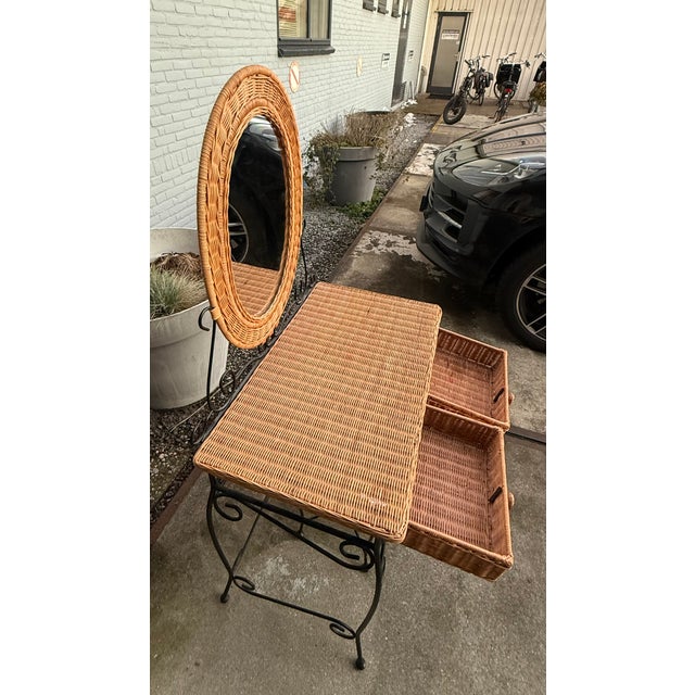 Rattan and Wrought Iron Vanity Table with Mirror and Bench, 1960s, Set of 2 For Sale - Image 3 of 18