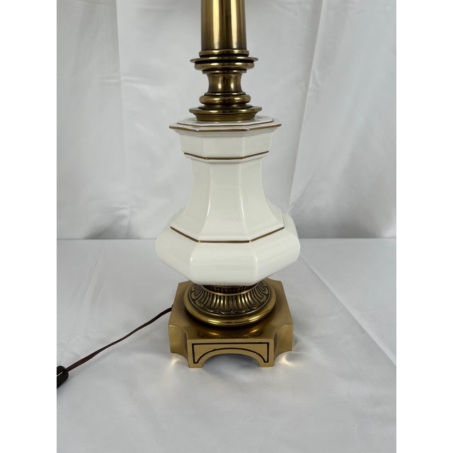 1970s Vintage Tall Stiffel Brass & White Porcelain Lamp For Sale - Image 5 of 11