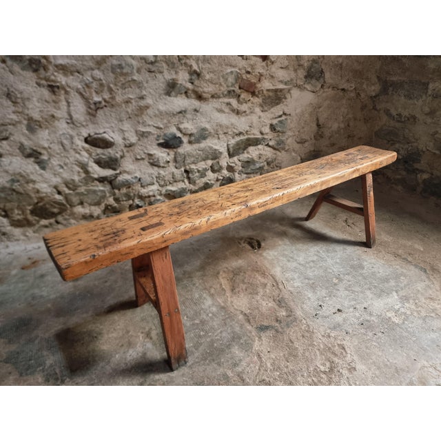 Antique Wooden Bench with Pine Seat and Chestnut Base, 1890s For Sale - Image 11 of 11