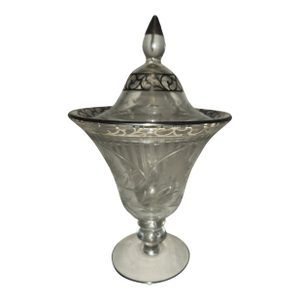 Antique Heisey Etched Glass Lidded Apothecary Jar With Silver Overlay Trim